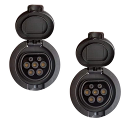 Two black circular connectors with open covers on a white background