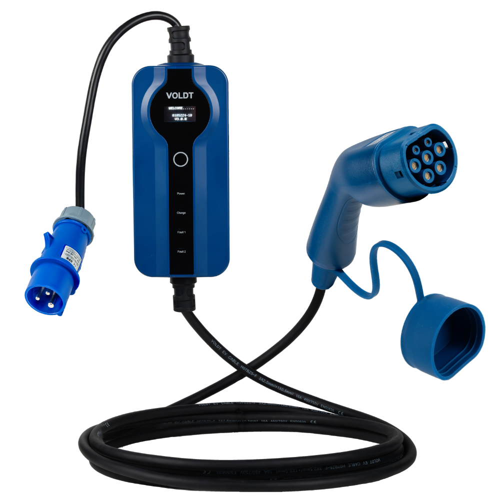 Tomada commando azul tipo 2 - 16A | 1 fase | Ajustável 8A - 16a | 3,7kW | Cabo de carregamento EV