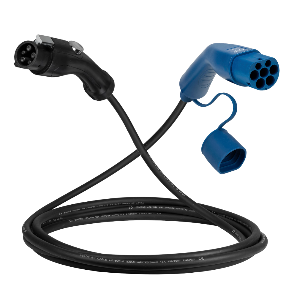 Tipo 1 - tipo 2 | 1 fase | 32a | 7,4kW cabo de carregamento