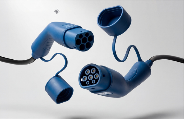 Studio shot of a blue Voldt Type 2 EV charging cable with both connectors