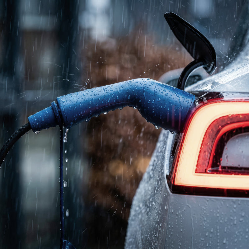 Close-up of rain falling on a blue Voldt® charging plug in an electric car socket