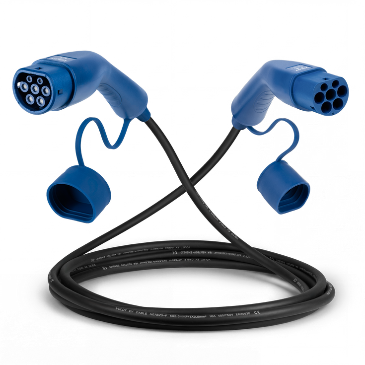 16A Mode 3 EV charging cable with two blue Type 2 connectors and dust caps